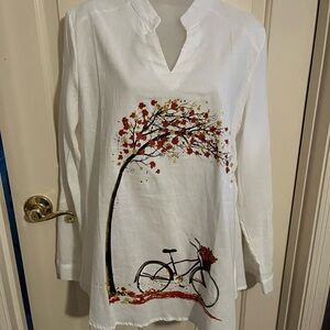 White Tunic with Bicycle and Tree Design by E-Retro